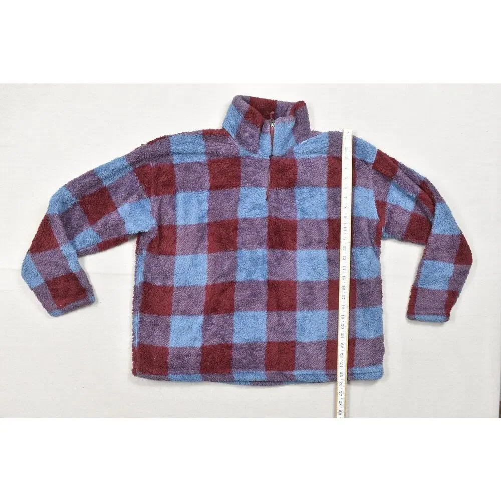 Eddie Bauer Women XXL Fleece Pullover Quarter Zip Plaid Check Blue Maroon Heavyw